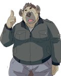 anthro belly bottomwear clothing humanoid_hands kemono male overweight overweight_anthro overweight_male pants shirt simple_background solo topwear white_background train_(artist) hyena mammal 2020 hi_res