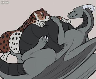 ambiguous_feral ambiguous_gender belly big_belly black_body black_spots blep brown_body digitigrade duo facial_spots feral glistening glistening_eyes green_eyes grey_body grey_wings huge_belly long_neck lying membrane_(anatomy) membranous_wings mouth_closed on_back quadruped red_nose red_tongue scales side_view spots spotted_belly spotted_face spotted_legs tail thick_tail tongue tongue_out ventral_scales vore white_body wings yellow_eyes roobin european_mythology mythology roobin_(character) dragon felid mammal mythological_creature mythological_scalie scalie western_dragon hi_res female_(lore)