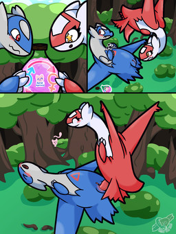 blush crossgender duo female feral forest forest_background fti_transformation gender_symbol gender_transformation genitals intersex intersex/intersex male male/female mti_transformation nature nature_background penis plant potion_bottle symbol tapering_penis text transformation tree vulva trooper3 nintendo pokemon generation_1_pokemon generation_3_pokemon latias latios legendary_pokemon mew_(pokemon) pokemon_(species) 3:4 comic english_text hi_res