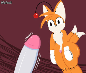 anthro big_penis duo genitals male male/male orange_body penis plushie plushophilia pupils red_pupils small_penis white_penis reflowg sega sonic_the_hedgehog_(series) tails_doll canid canine demon fox mammal hi_res lineless