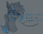 blue_eyes blue_hair_tips dialogue female gills hair ponytail sharp_teeth teeth text stray_prey hasbro my_little_pony fan_character equid equine fish horse mammal marine pony shark english_text restricted_palette