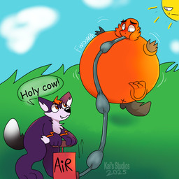 air_inflation air_pump anthro body_inflation cloud day duo hose hose_inflation inflation male male/male outside pump speech_bubble sun tail text kais_studios caleb_(kais_studios) kai_the_tyranowolf canid canine canis dinosaur mammal prehistoric_species reptile scalie wolf 1:1 absurd_res comic_sans hi_res