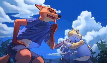 anthro belly bodily_fluids bottomwear clothed clothing exercise female female_anthro fur grey_body grey_fur group male male_anthro markings open_mouth outside overweight overweight_anthro overweight_male plant running shirt shorts spots sweat sweatdrop tail teeth tongue tongue_out topwear tree trio workout nyeong disney zootopia benjamin_clawhauser judy_hopps nick_wilde canid canine canis cheetah european_rabbit felid feline fox lagomorph leporid mammal oryctolagus rabbit red_fox true_fox digital_media_(artwork) hi_res