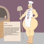 anthro appliance apron big_butt boots bulge butt chef_hat clothed clothing cupcake curvy_figure food footwear hat headgear headwear holding_object information_box kerchief kitchen_appliance male muscular muscular_anthro muscular_male oven pink_eyes profanity shoes simple_background solo text thick_thighs wide_hips photolol.03 five_nights_at_freddy's scottgames chica_(fnaf) el_chico_(photolol.03) avian bird chicken galliform gallus_(genus) phasianid english_text hi_res