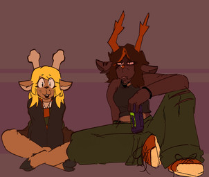 abstract_background alternative_fashion anthro antlers beverage beverage_can black_clothing black_shirt black_tank_top black_topwear blonde_hair bottomwear bracelet brown_body brown_fur brown_hair buckteeth can clothing cloven_hooves container duo ears_down facial_scar female female_anthro footwear freckled_face freckles fur hair holding_beverage holding_can holding_container holding_object hooves horn jewelry looking_at_viewer midriff necklace older_sibling older_sister pants pivoted_ears punk red_nose scar shirt shoes sitting skirt slim_anthro slim_female snout tan_body tan_fur tank_top teeth topwear torn_bottomwear torn_clothing torn_pants unimpressed younger_sibling younger_sister catjamn deltarune monster_energy undertale_(series) dess_holiday dess_holiday_(catjamn) noelle_holiday deer mammal 2025 flat_colors full-length_portrait portrait smaller_version_at_source sibling_(lore) sister_(lore) sisters_(lore) trans_(lore) trans_woman_(lore)