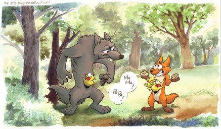 4_fingers 4_toes anthro biped border brown_body brown_fur brown_tail claws conjoined_speech_bubble countershade_face countershade_torso countershading dialogue exclamation_point eye_contact eyebrows feathers featureless_crotch feet female finger_claws fingers floating_eyebrows fluffy fluffy_tail forest fur gloves_(marking) grey_body grey_fur grey_tail grin group leg_markings looking_at_another male male_anthro markings nature nature_background nude_anthro nude_male outside plant plantigrade pointy_ears prick_ears pupils shared_speech_bubble sheepish_grin smile snout socks_(marking) speech_bubble standing tail text title toe_claws toes tree whisker_spots white_border year yellow_body yellow_feathers saran_kit the_big_bad_fox_and_other_tales alex_(the_big_bad_fox_and_other_tales) evan_(the_big_bad_fox_and_other_tales) fox_(the_big_bad_fox_and_other_tales) paula_(the_big_bad_fox_and_other_tales) wolf_(the_big_bad_fox_and_other_tales) avian bird canid canine canis chicken fox galliform mammal phasianid wolf 2017 absurd_res dated english_text full-length_portrait hi_res portrait