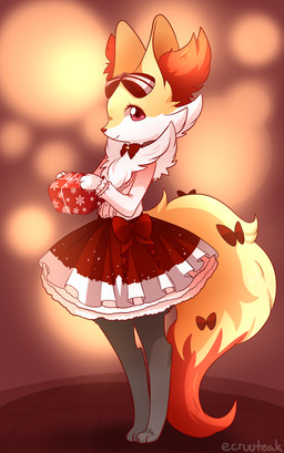 3_fingers 3_toes abstract_background alternative_fashion ambiguous_anthro ambiguous_gender anthro big_tail biped black_body black_fur bow_choker choker classic_lolita closed_smile clothed clothed_ambiguous clothed_anthro clothing digitigrade dipstick_tail dress eyelashes feet fingers flat_chested fluffy fluffy_tail frilly frilly_clothing frilly_dress front_view fully_clothed fully_clothed_ambiguous fully_clothed_anthro fur gift holding_present inner_ear_fluff inside j-fashion jewelry lolita_(fashion) looking_at_viewer markings mouth_closed multicolored_body multicolored_fur necklace orange_body orange_fur orange_inner_ear_fluff orange_nose orange_tail_tip pointy_ears prick_ears red_bow red_clothing red_dress red_eyes smile solo standing star_polygon tail tail_markings tapering_snout three-quarter_view toes tuft two_tone_tail white_body white_fur yellow_body yellow_fur yellow_tail ecruuteak nintendo pokemon braixen canid generation_6_pokemon mammal pokemon_(species) 2016 colored digital_drawing_(artwork) digital_media_(artwork) full-length_portrait hi_res portrait shaded signature