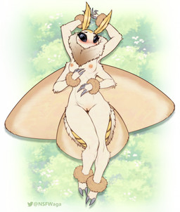 2_toes 4_arms antennae_(anatomy) anthro black_eyes blush breasts claws feet female fingers genitals insect_wings lying multi_arm multi_limb neck_tuft nipples non-mammal_breasts non-mammal_nipples on_back small_breasts solo toes tuft vulva wings wrist_fluff w4g4 suu_(soren_howlson) arthropod insect lepidopteran moth 2024 digital_media_(artwork) hi_res