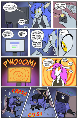 anthro big_breasts breasts clothed clothing dialogue female fur gaming hair hypnosis hypnotic_screen male mind_control open_mouth profanity simple_background smile submissive text tongue oddjuice bovid caprine goat mammal absurd_res comic digital_media_(artwork) english_text hi_res