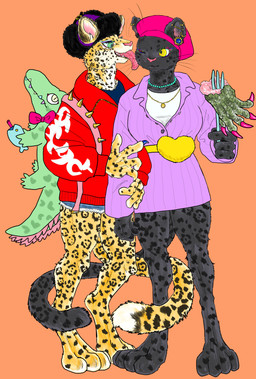 anthro clothed clothing cutlery duo face_lick female fork kitchen_utensils licking tongue tongue_out tools kyokyota alligatorid caiman crocodilian felid jaguar mammal pantherine reptile scalie 2021 absurd_res hi_res