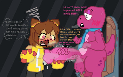 anthro balls big_balls big_penis blush blush_lines bodily_fluids cross-popping_vein cross-popping_vein_on_balls dialogue drooling duo erection female female_anthro genitals hand_on_penis huge_penis male male/female musk onomatopoeia open_mouth penis profanity saliva shortstack slightly_chubby small_but_hung sound_effects sweat tail text vein veiny_balls veiny_penis rudyz gameoverse glitch_productions gobbles_(gameoverse) kit_bodega dinosaur felid feline mammal prehistoric_species reptile scalie 2026 english_text hi_res