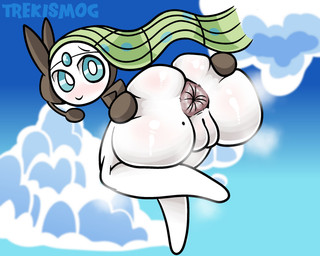 anus blue_eyes brown_body butt cloud female flat_chested floating forehead_gem gem genitals glistening glistening_body green_hair hair hand_on_butt looking_at_viewer looking_back mole_on_anus multicolored_body musk musk_cloud musky_butt presenting presenting_hindquarters raised_leg sky smile solo spread_butt spreading steam steaming_body vulva white_body trekismog nintendo pokemon generation_5_pokemon humanoid legendary_pokemon meloetta meloetta_(aria_form) pokemon_(species) 2026 5:4 digital_drawing_(artwork) digital_media_(artwork) hi_res