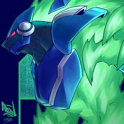 anthro blue_body fangs glowing glowing_body green_body male red_eyes solo teeth abzel capcom mega_man_(series) mega_man_star_force omega-xis em_being 1:1 2024 digital_media_(artwork) digital_painting_(artwork) english_description painting_(artwork) signature