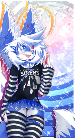 abstract_background accessory ahoge alternative_fashion anthro arm_warmers armwear big_ears black_clothing black_panties black_shirt black_topwear black_underwear blep blue_body blue_bottomwear blue_clothing blue_eyes blue_fur blue_skirt blush bottomwear chain_necklace clothed clothing collar cross crossdressing ear_piercing emo eye_patch eyewear femboy fluffy fluffy_ears fluffy_tail fur gem hair hair_accessory heart_symbol jewelry kemono leash leashed_collar legwear male miniskirt multicolored_body multicolored_fur necklace panties pattern_clothing pattern_legwear piercing shirt skirt smug solo star_symbol striped_clothing striped_legwear stripes tail text text_on_clothing thigh_highs tongue tongue_out topwear underwear white_body white_fur snowhilox sleeping_with_sirens snowtwo canid canine fox mammal absurd_res hi_res