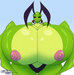 antennae_(anatomy) anthro areola big_breasts breasts clothed clothing female green_body huge_breasts hyper hyper_breasts mandibles nipples non-mammal_breasts non-mammal_nipples pink_nipples red_sclera smile solo thong topless underwear dedoarts eliot_(heroic_ones) arthropod insect mantis