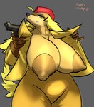 anthro areola big_areola big_breasts big_nipples blonde_hair breasts clothed clothing female fur gun hair handgun handwear hat headgear headwear holding_object holding_weapon huge_breasts huge_nipples looking_at_viewer looking_down nipples partially_clothed pistol ranged_weapon solo thick_thighs uniform weapon yellow_body yellow_eyes hellpup_(artist) cuphead_(game) sgt._o'fera_(cuphead) canid canine canis domestic_dog hunting_dog mammal saluki sighthound hi_res