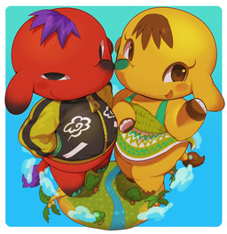 anthro black_eyes blue_background border bottomless brown_eyes brown_hair clothed clothing cloud dress duo female hair jacket macro male palm_tree plant purple_hair river simple_background smile tail topwear tree white_border kaeritai07 animal_crossing nintendo cyd_(animal_crossing) eloise_(animal_crossing) elephant elephantid mammal proboscidean hi_res