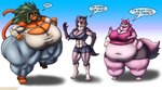 2021 absurd_res anthro belly big_belly big_breasts black_sclera bottomwear breasts canid canine canis clothing deep_navel delphi_(starknight321) english_text female green_hair group gwen_(starknight321) hair hi_res huge_breasts huge_thighs long_sleeves mammal muscular muscular_anthro muscular_female navel obese obese_anthro obese_female overweight overweight_anthro overweight_female pants primate red_eyes scar shirt shorts speech_bubble text thick_thighs topwear trio viroveteruscy wolf