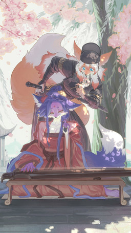 anthro asian_architecture asian_clothing clothed clothed_anthro clothed_female clothing duo female flower hair hand_on_sword hat headgear headwear holding_flower holding_object light looking_at_another melee_weapon musical_instrument narrowed_eyes nature outside plant playing_music purple_hair scabbard shadow sheathed_sword sitting sitting_on_ground smile smiling_at_another string_instrument sunlight sword tree unusual_fur_pattern weapon y_chen_qiqi canid canine fox mammal 9:16 hi_res