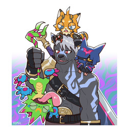 abs anthro black_body black_fur carrying_another cowl female fur green_body group hair hood long_tongue male melee_weapon muscular muscular_anthro muscular_male pecs sword tattoo tongue weapon white_hair wings yellow_eyes ribbon_tail_(artist) bandai_namco digimon digimon_beatbreak bat chiropmon digimon_(species) gekkomon lizard mammal murasamemon pristimon reptile scalie