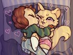 anthro bed bedding blanket bottomwear clothing duo female female/female fur furniture heart_symbol kissing_cheek pants pillow shirt smile tail topwear yellow_body yellow_fur holybodega hasbro littlest_pet_shop lps_344 lps_848 canid canine canis domestic_cat domestic_dog felid feline felis mammal 4:3 hi_res