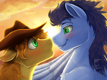 blonde_hair blonde_mane blue_body blue_feathers blue_fur blue_hair blue_mane blush chest_tuft clothing cowboy_hat duo feathered_wings feathers feral fur green_eyes hair hat headgear headwear male mane sun tuft wings yellow_body yellow_fur sursiq friendship_is_magic hasbro my_little_pony mythology braeburn_(mlp) soarin_(mlp) wonderbolts_(mlp) earth_pony equid equine horse mammal mythological_creature mythological_equine pegasus pony 2023 alternate_version_at_source digital_media_(artwork) hi_res