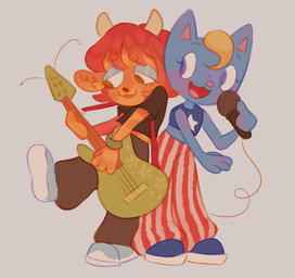 blonde_hair blue_body blue_fur clothed clothing crop_top duo electric_guitar female fur guitar hair midriff musical_instrument orange_body orange_fur plucked_string_instrument red_hair shirt string_instrument topwear forestfolke parappa_the_rapper sony_corporation sony_interactive_entertainment um_jammer_lammy katy_kat lammy_lamb bovid caprine domestic_cat felid feline felis mammal sheep hi_res