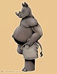 2_horns 3_fingers anthro belly big_belly bottomwear brown_eyes bulge cargo_shorts clothing fingers grey_body grey_skin horn inverted_nipples male navel nipples pants shorts simple_background small_eyes solo tail tail_tuft tuft underwear flashquatsch tight_pants_(meme) reuben_(flashquatsch) mammal rhinoceros hi_res meme