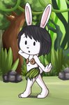 anthro black_hair clothed clothing coconut_bra female grass_skirt hair hand_on_head loli no_underwear solo tiptoes turning young young_anthro kcn elinor_wonders_why pbs elinor_rabbit lagomorph leporid mammal rabbit hi_res