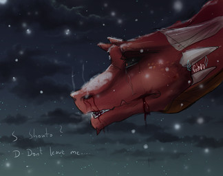 alternate_universe ambiguous_gender black_sclera blood bodily_fluids crying dark night red_eyes sad snow snowing solo tears text wounded naahva european_mythology my_hero_academia mythology eijiro_kirishima dragon mythological_creature mythological_scalie scalie western_dragon absurd_res hi_res