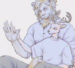 anthro comparing duo male male/male on_lap sitting sitting_on_lap moonpearl beastars ibuki_(beastars) louis_(beastars) cervine deer felid lion mammal pantherine red_deer hi_res