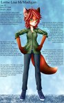 abstract_background anthro black_nose blue_bottomwear blue_clothing blue_jeans blue_pants bottomwear clothed clothing confident dark_hands denim denim_bottomwear denim_clothing female flannel flannel_shirt fluffy fluffy_ears fluffy_tail fur green_clothing green_eyes hair hands_on_hips jeans looking_at_viewer orange_body orange_fur pants red_hair snout solo tail text white_body white_fur rex_feles lorne_(rex_feles) canid canine fox mammal red_fox true_fox absurd_res english_text hi_res model_sheet