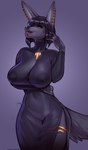 anthro big_breasts black_clothing black_dress black_hair breasts clothing dress ear_piercing ear_ring eyebrows eyelashes female fur genitals green_eyes grey_body grey_fur hair jewelry looking_at_viewer nipple_dip nipples piercing pussy ring_piercing simple_background smile solo tail translucent translucent_clothing translucent_dress furlana nightshade_(kadath) anubian_jackal canid canine canis jackal mammal 2024 absurd_res hi_res