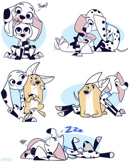 black_nose black_spots clothing female feral floppy_ears freckled_face freckles fur gloves_(marking) group leg_markings male markings pattern_clothing pattern_scarf scarf socks_(marking) spots spotted_body spotted_fur striped_clothing striped_scarf stripes tan_body tan_fur toony white_body white_ears white_fur higglytownhero 101_dalmatian_street 101_dalmatians disney cyril_(bubbledgun) dan_(bubbledgun) dolly_(101_dalmatians) canid canine canis dalmatian domestic_dog herding_dog mammal pastoral_dog welsh_corgi 4:5 hi_res