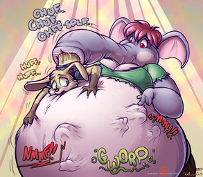 anthro belly big_belly breasts clothing female female_pred green_clothing green_shirt green_topwear group male overweight red_eyes shirt text topwear vore scott_calico pat_(scott_calico) elephant elephantid mammal proboscidean 2017