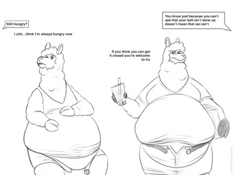annoyed anthro belly belly_peeking_out belt beverage big_belly bottomwear box bubble_tea clothed clothing container dialogue fingers fur hand_on_belly holding_beverage holding_box holding_container holding_object hooved_fingers hooves male obese obese_anthro obese_male offscreen_character open_belt open_bottomwear open_clothing open_mouth open_pants overweight overweight_anthro overweight_male pants sitting solo speech_bubble standing text tight_clothing weight_gain wool_(fur) bigwankhank playstation playstation_2 sony_corporation sony_interactive_entertainment alpaca camelid mammal absurd_res artist_name english_text hi_res monochrome