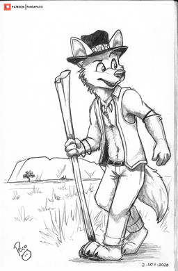 anthro barefoot cheek_tuft clothed clothing facial_tuft feet grass hat headgear headwear logo male male_anthro navel neck_tuft open_clothing open_mouth open_smile open_topwear open_vest outside patreon_logo pawpads plant smile solo topwear tuft vest walking pandapaco patreon artist_logo hi_res signature spot_color