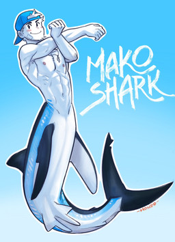 clothing dorsal_fin fin fingers hair hat headgear headwear legless male smile solo split_form tail tail_fin text mondoart aquatic fish mackerel_shark mako_shark mako_shark_merfolk merfolk shark shark_merfolk white_shark english_text hi_res