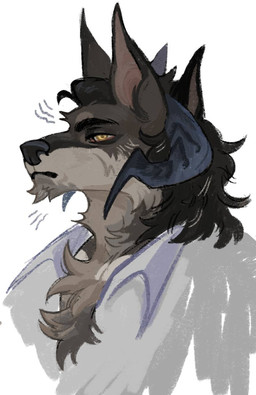 2_horns anthro black_body chest_tuft clothing collared_shirt dress_shirt grey_body horn male neutral_expression shirt solo topwear tuft yellow_eyes ryan1111_(artist) canid canine canis demon mammal wolf half-length_portrait hi_res portrait sketch