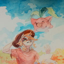 ambiguous_gender blue_hair blue_sky brown_clothing brown_hat brown_headwear clothed clothing duo eyes_closed female flower front_view hair hat headgear headwear looking_up open_mouth open_smile orange_hair outside pink_body pink_clothing pink_shirt pink_t-shirt pink_topwear plant shirt sky smile t-shirt topwear unsigned corzh77 human mammal species_request hi_res