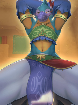 anthro armlet armwear balls beak big_balls big_penis biped black_beak blue_armwear blue_body blue_bottomwear blue_clothing blue_feathers blue_loincloth blue_topwear bottomwear clothed clothed_anthro clothed_male clothing crossdressing crouching detached_sleeves feathers feet flaccid foreskin genitals gerudo_outfit glans glistening glistening_eyes gold_(metal) gold_armlet gold_jewelry gold_necklace green_bottomwear green_clothing green_topwear half-closed_eyes hands_behind_head humanoid_genitalia humanoid_penis jewelry loincloth loose_feather low-angle_view male male_anthro midriff multicolored_body multicolored_feathers narrowed_eyes navel necklace non-mammal_balls non-mammal_navel orange_body orange_feathers partially_retracted_foreskin penis pink_glans print_bottomwear print_clothing print_loincloth print_topwear red_bottomwear red_clothing solo talons text toes topwear translucent translucent_bottomwear translucent_clothing translucent_loincloth translucent_veil veil vein veiny_penis white_balls white_body white_feathers white_penis yellow_eyes luto_tori breath_of_the_wild nintendo the_legend_of_zelda kass_(tloz) avian rito 2025 3:4 absurd_res artist_name digital_media_(artwork) hi_res