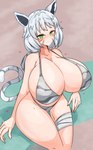 beach beach_towel big_breasts bikini blush blush_lines bodily_fluids breasts cleavage clothed clothing female frown green_eyes grey_hair hair heart_symbol huge_breasts huge_thighs looking_at_viewer markings sand sitting solo striped_markings striped_tail stripes sweat swimwear tail tail_markings thick_thighs towel two-piece_swimsuit wide_hips skeletons62 animal_humanoid felid felid_humanoid humanoid mammal mammal_humanoid pantherine pantherine_humanoid tiger_humanoid absurd_res hi_res