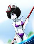 anthro bikini black_hair breasts clothed clothing day female fur hair navel outside partially_submerged purple_eyes sea solo swimwear two-piece_swimsuit water white_body white_fur kenjikanzaki05 freedom_planet galaxytrail neera_li bear giant_panda mammal