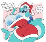 big_breasts breasts christmas_clothing clothed clothing dialogue female hat headgear headwear holidays partially_clothed simple_background solo nonarycubed christmas frosty_(sharky) fish marine shark 2022