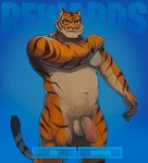 anthro balls belly belly_hair biceps blue_background body_hair deltoids genitals glans hand_on_shoulder happy_trail looking_aside male manly mature_male musclegut muscular muscular_legs muscular_thighs nipples nude pecs penis pubes scar simple_background slightly_chubby smile solo striped_body stripes triceps vein veiny_penis yellow_sclera zcdartz epic_games fortnite oscar_(fortnite) felid mammal pantherine tiger 2024 hi_res