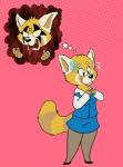 angry anthro blush bodily_fluids clothed clothing female legwear nervous open_mouth pantyhose sharp_teeth smile solo suit sweat teeth thought_bubble tongue tongue_out smudo aggretsuko sanrio retsuko ailurid mammal red_panda