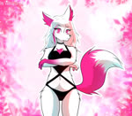 anthro bangs bare_shoulders bikini black_bikini black_choker black_clothing black_jewelry black_necklace black_swimwear breasts cherry_blossom choker clothing cloud crossed_arms facial_markings female flower fox_ears fox_tail fur hair hair_between_eyes head_markings jewelry long_hair markings medium_breasts mouth_closed multicolored_hair navel necklace outside pink_background pink_eyes pink_hair plant prunus_(flower) purple_background simple_background smile solo standing swimwear tail two-piece_swimsuit white_body white_fur white_hair varulll yoki_j_(yj) canid canine fox mammal 2d_animation animated digital_media_(artwork) hi_res ibispaint_(artwork) motion_tweening no_sound portrait short_playtime three-quarter_portrait webm