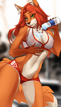 anthro bottle bottomwear breasts clothing container female green_eyes hair interspecies nipples red_hair shorts solo spilling_drink sportswear tight_clothing translucent translucent_clothing water water_bottle wet wet_clothing v3nusbby cassandra_carter canid canine fox mammal absurd_res hi_res