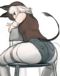 bottomwear brown_eyes brown_hair butt chair clothed clothing cutoffs denim denim_bottomwear denim_clothing female furniture hair hotpants inner_ear_fluff legwear multicolored_hair on_chair shorts sitting sitting_on_chair solo straddling_chair tights tuft white_hair shibori_kasu kemono_friends okapi_(kemono_friends) animal_humanoid giraffid giraffid_humanoid humanoid mammal mammal_humanoid okapi_humanoid