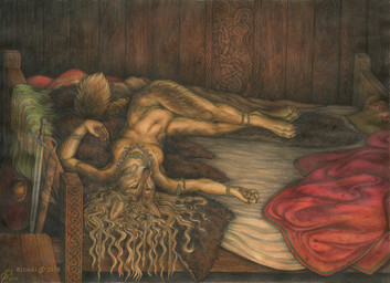 animal_skin anthro bed breasts digitigrade female fur furniture hair lying melee_weapon nipples nude on_back on_bed orange_eyes pawpads shield solo sword tan_body tan_fur weapon bluari canid canine canis mammal wolf